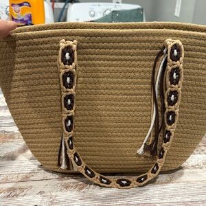 Elegant Tan Braided Handle Tote Bag